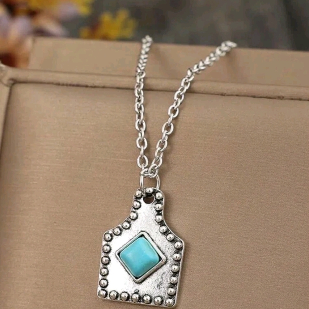 Western Silver Pendant Necklace with Faux Turquoise Accent Coastal Cowgirl